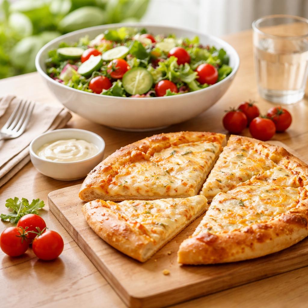 Сырная пицца с овощным салатом